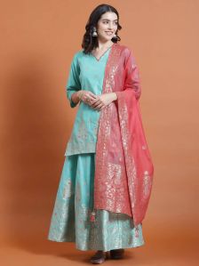 women turquoise blue printed kurti skirt dupatta set