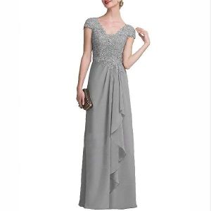 Women’s V Neck Lace Apllique Chiffon Cap Sleeves Mother of The Bride Prom Dress Long