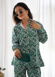 Green V Neck Full Sleeves Dull Satin Co-Ord Set