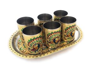 round meenakari design 6 glasses serving tray