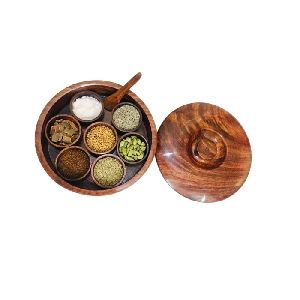 Inaithiram SB07B Round Wooden Spice Box With 7 Containers