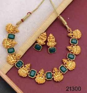 gold plated lakshmi ruby stone necklace set