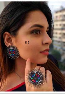 oxidised finger ring earrings set