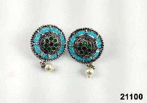 Premium oxidised green with  blue stone earrings