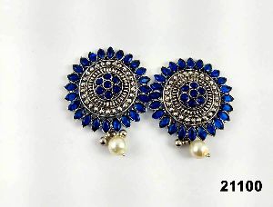 premium oxidised dark blue stone pearl earrings
