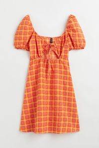 Ladies Orange Gingham Cut-out Puff Sleeve Dress