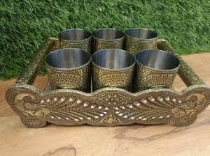 meena handicrafts Antique serving tray with 6 glass