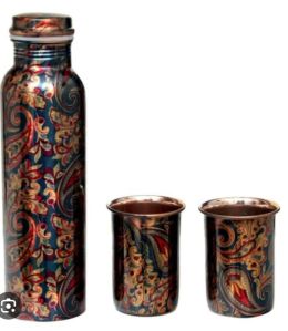 Floral Print Copper Bottle With Glass Set