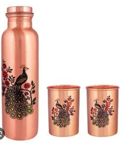 Peacock Print Copper Bottle with Glass Set
