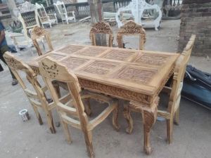 Carved Teak Wood Dining Table Set