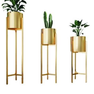 Gold Metal Stand Planter Set
