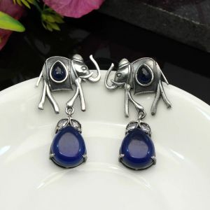 Blue Monalisa Stone Premium Oxidised Silver Earrings