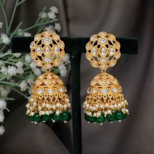 Green Color Big Jhumka Kundan Earrings