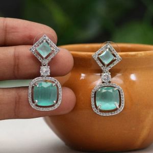 Green Stone Studded American Diamond Earrings