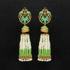 Parrot Green Color Glass Stone Mint Polki Meena Earrings