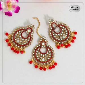 Red Mirror Kundan Earrings