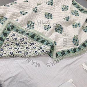 Hand Block Printed Green Floral Quilt