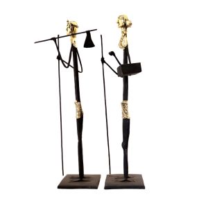 Wrought Iron Standing Tribal Couple with Bucket and Axe Figurine
