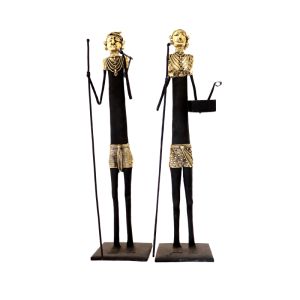 Wrought Iron Standing Tribal Couple with Stick and Box Figurine
