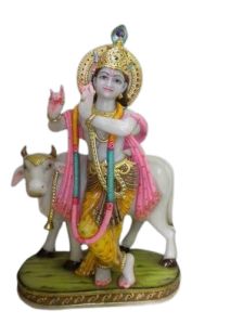 Marble Krishna Statue with Cow