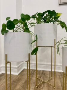 White Metal Planter Pot with Gold Plant Stand