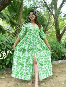 Green Hand Block Printed One Piece Dress
