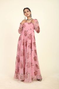 Pink Floral Printed Organza Umbrella Gown