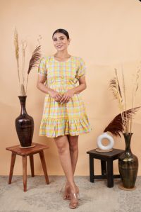Cotton Yellow Chex Printed Mini Dress