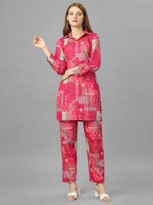 Ladies Pink Cotton Blend Digital Printed Co-Ord Set