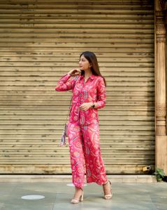 Ladies Pink Cotton Blend Printed Co-Ord Set