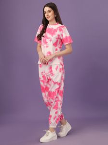 Ladies Pink  Cotton Lycra Digital Printed Co-Ord Set