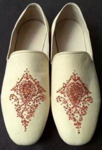 MEN'S HANDMADE OFF WHITE FAUX SUEDE EMBROIDERED LOAFERS shoes