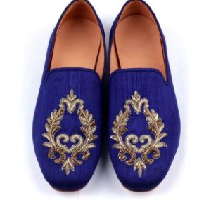 MEN'S HANDMADE ROYAL BLUE RAW SILK EMBROIDERED LOAFERS shoes