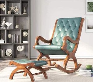 Cushioned Leatherite Back and Teak Wood Rocking Chair