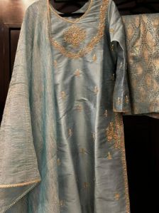 zardosi workon neck sleeves chalk raw silk cadet blue raw silk fabrics
