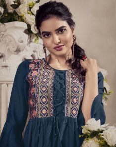 Blue Embroidered Rayon Top
