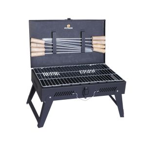Dymon Briefcase and Picnic Metal Barbeque with 8 Skewers, 1 Iron Grill Black