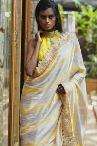 Striped Cotton Saree With Gold Lace Border