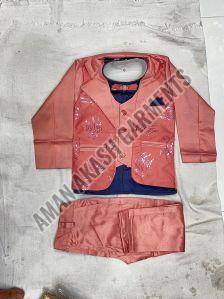 Reddish Pink Boy Five Piece Coat Pant Set