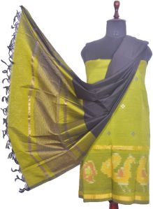 3PC Pochampally Ikat / Ikkat Handloom Cotton Silk Unstitched Dress Material Set for Women - BU002