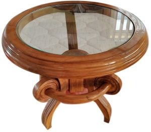 Designer Polished Glass Wooden Round Center Table For Home