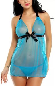 Deep Sky Blue Net Solid Short Babydoll With G String