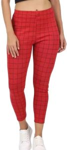 Red Checkered Cotton Blend Jegging, Gender : Female