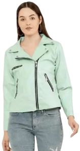 Solid Faux Leather Women Biker Jacket In Sea Green