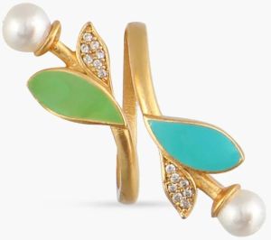 Eriha Pearl Delicate Cz Green Leaf Finger Ring