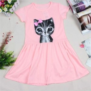 Girls Cotton Cat Print Summer Dress