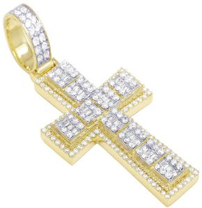 Round &AMP;AMP; Baguette Raised Border Cross Natural Diamond Pendant