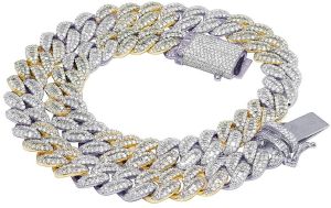 Sterling Silver Yellow Gold Plated Men's Bugette And Round Diamond Cuban Chain