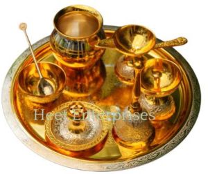 Handmade Brass Flower Embossed Design Puja Thali