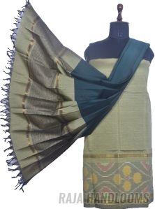 3PC Pochampally Ikat / Ikkat Handloom Cotton Silk Unstitched Dress Material Set For Women - PE001